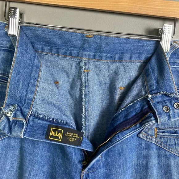 VTG H.I.S Flare Boot Cut Jeans Womens 33" Blue High Rise Contrast Stitching 70's